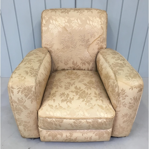 182 - A traditional lounge chair. Floral fabric covered, on castors.
Dimensions(cm) H85 W82 D75