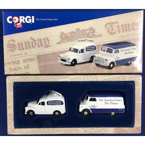 96 - A boxed Corgi set from 1991, with a Morris 1000 van & a Bedford CA Van - The Times. No. 97740