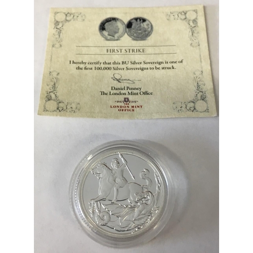 185 - 2019 World's First Silver Sovereign - First Strike. In presentation wallet with certificate of authe... 