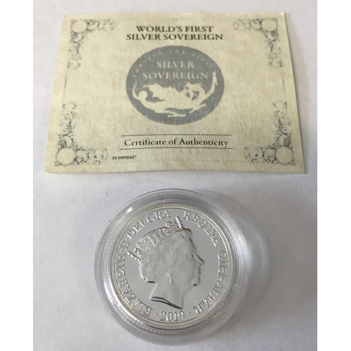 185 - 2019 World's First Silver Sovereign - First Strike. In presentation wallet with certificate of authe... 