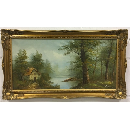 270 - A framed, oil-on-canvas cottage/woodland scene by Irene Cafieri.
Dimensions(cm) H39 W70