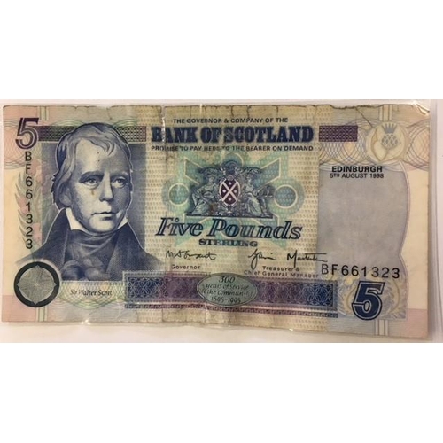 144 - An English £5 Note (Chris Salmon/Elizabeth Fry), a Scottish £5 Note (Edinburgh 5/8/98) & £20 Note (E... 