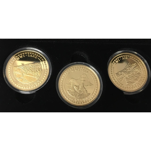 164 - A Gold Plated WWI Crown Set. Three Crowns - Land, Sea & Air in presentation case.