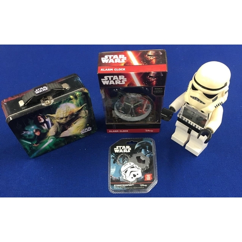 244 - Mixed Star Wars Memorabilia to include Lego alarm clock, another alarm clock, metal lunchbox, key-ri... 