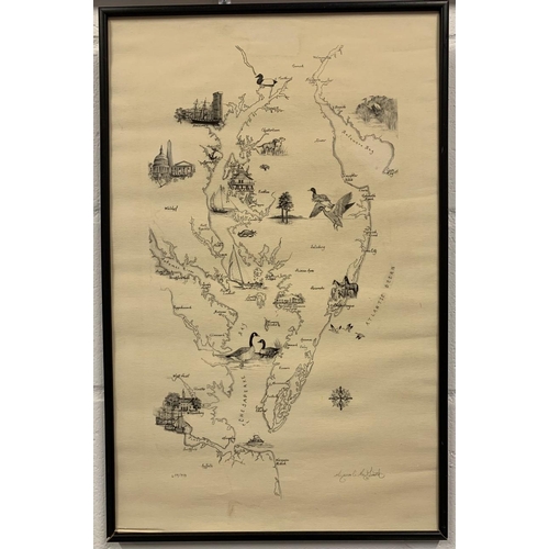 262 - A map of Chesapeake Bay drawn in pencil with a number of drawn images associated with the area. This... 