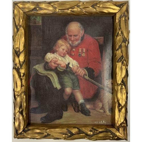 277 - A framed chromolithograph depicting a grandfather and grandchild unsheathing a sword in a living roo... 