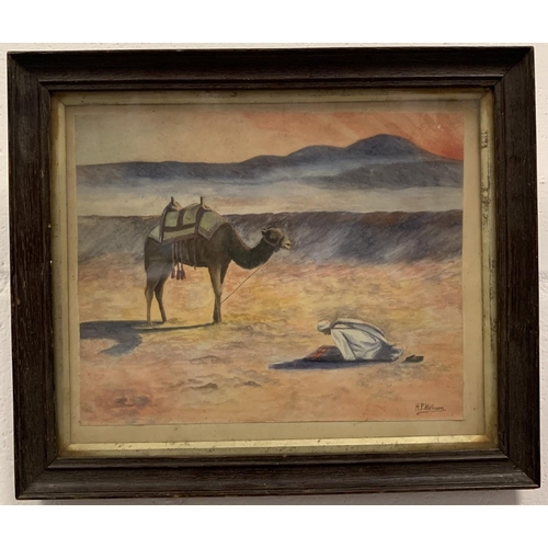 278 - A framed watercolour of an Arabic traveller taking a moment to pray beside his camel. Dimensions(cm)... 