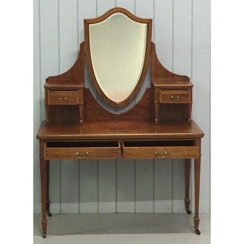 607 - A stunning Edwardian Inlaid Mahogany Dressing Table with bevel shield swing mirror, twin jewellery d... 