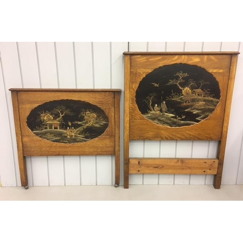 257 - A vintage oak single headboard and footboard, with inlaid Japanese illustrations.
Dimensions(cm) H12... 