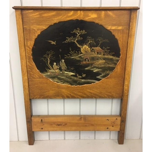 257 - A vintage oak single headboard and footboard, with inlaid Japanese illustrations.
Dimensions(cm) H12... 