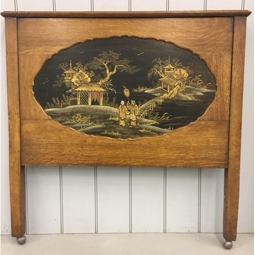 257 - A vintage oak single headboard and footboard, with inlaid Japanese illustrations.
Dimensions(cm) H12... 