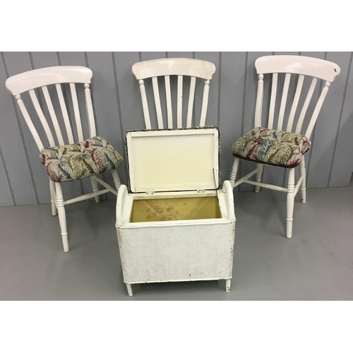 680 - A mixed lot of three white-painted kitchen chairs and a white-painted cane ottoman/stool. Two of the... 