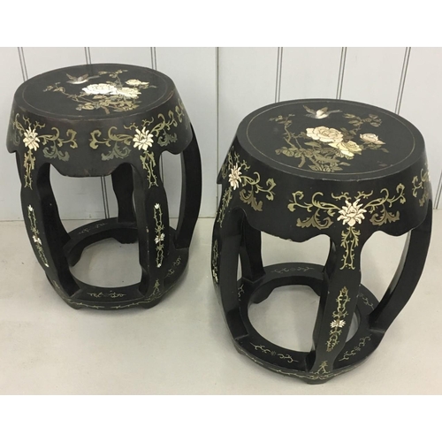 119 - A solid hardwood pair of barrel stools. Decorated in Asian style with bird/floral scenes.
Dimensions... 