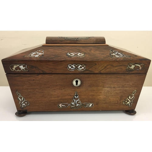 96 - A beautiful 19th century sarcophagus shaped tea caddy. Rosewood with inlaid mother of pearl decorati... 