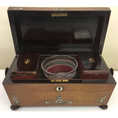 96 - A beautiful 19th century sarcophagus shaped tea caddy. Rosewood with inlaid mother of pearl decorati... 