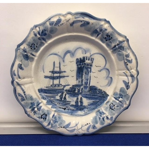 211 - An Italian, blue, seaside scene plate. Inscribed 