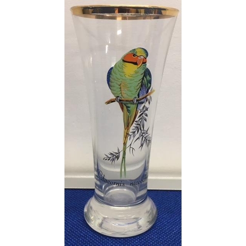 376 - A set of six mid-century tall glasses, depicting rare Tropical Birds.
17cm tall.