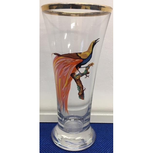 376 - A set of six mid-century tall glasses, depicting rare Tropical Birds.
17cm tall.