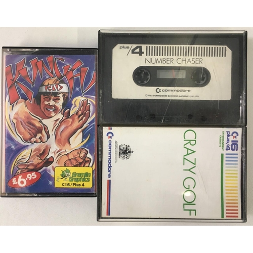 561 - A rare lot of Commodore C16 vintage software cassettes. Crazy Golf, Number Chaser & Kung Fu Kid.