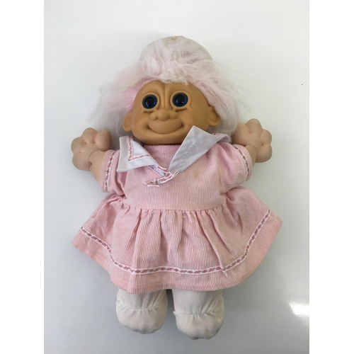 327 - Two original soft toy trolls from 1980's
A 45cm, blue-haired troll from 