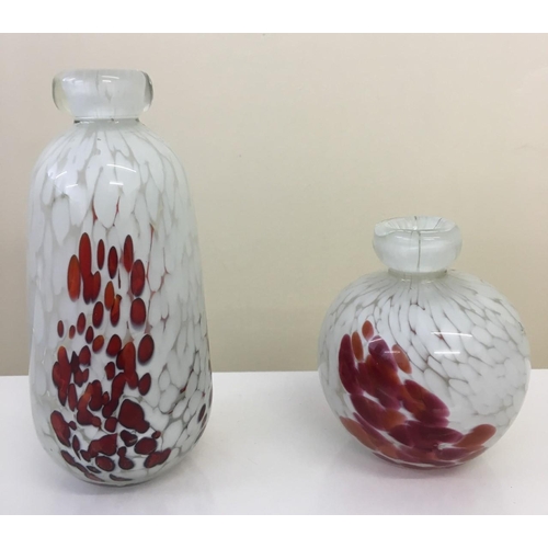 589 - A pair of mid-century Maltese Mdina glass vases. Red-spattered decoration. 
13cm & 9cm tall