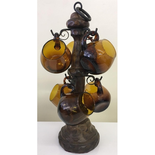 600 - A set of six vintage Amber glass mugs with a carved Mug Tree.
Tree height 45cm