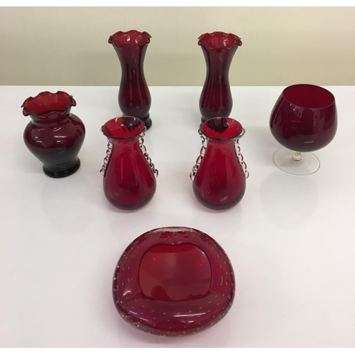 594 - A selection of seven pieces of Ruby glassware.