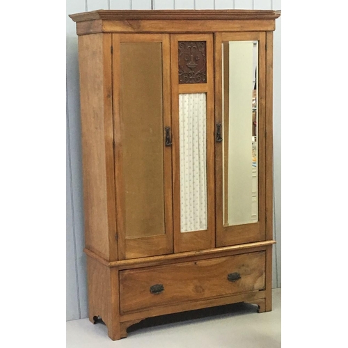 63 - Three piece Double Wardrobe. Double doors aside glass/curtained centrepiece, over a single deep draw... 