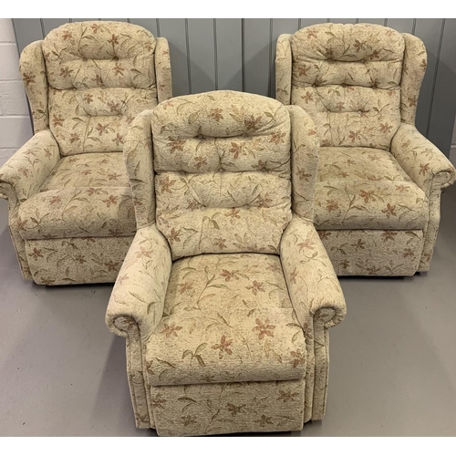 145 - A trio of matching, wingback, lounge armchairs. Beige/floral upholstered.
Dimensions(cm) H108/10/98,... 