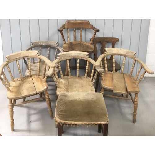 157 - Six antique, solid wood Captain's chairs, along with a similar bar stool, together with an upholster... 