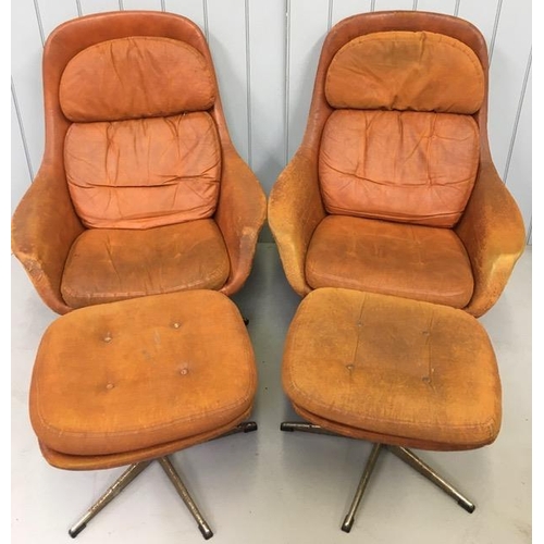 163C - A pair of mid-century leather egg chairs, upholstered in original orange leather. Chrome swivel base... 