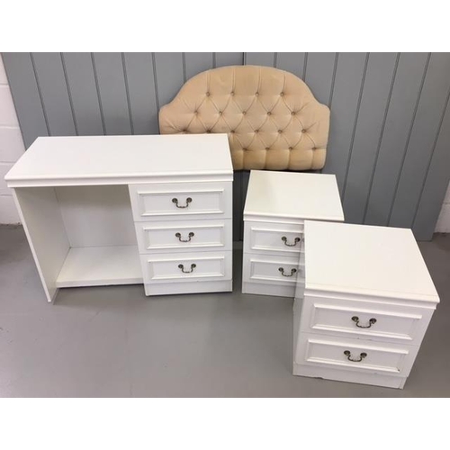 93 - A set of white Bedroom Furniture. Dressing Table (H75 W95 D45), Bedside Cabinets x2 & single Headboa... 