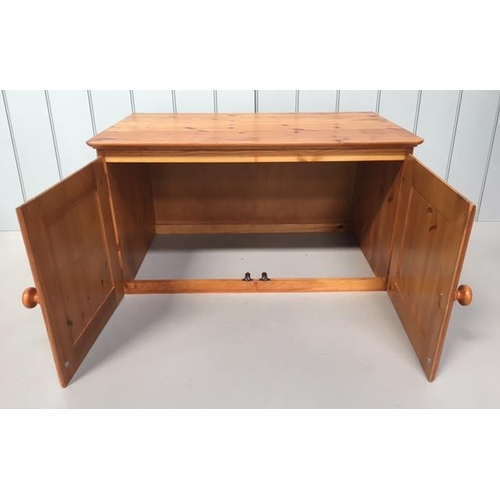 110A - A small pine unit made to sit upon another piece of furniture. Two-door with a hollow base. Dimensio... 