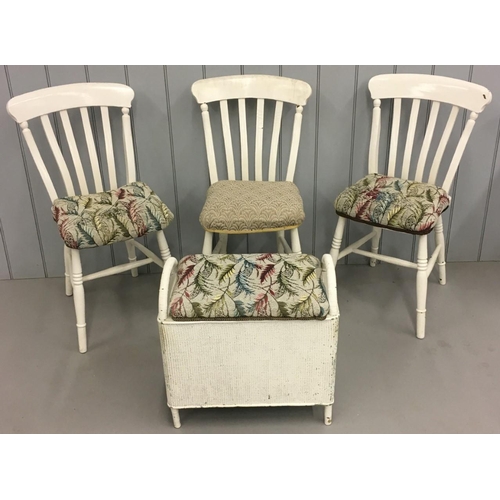131 - A mixed lot of three white-painted Kitchen Chairs and a white-painted cane Ottoman/Stool. Two of the... 