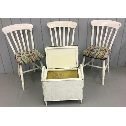 131 - A mixed lot of three white-painted Kitchen Chairs and a white-painted cane Ottoman/Stool. Two of the... 