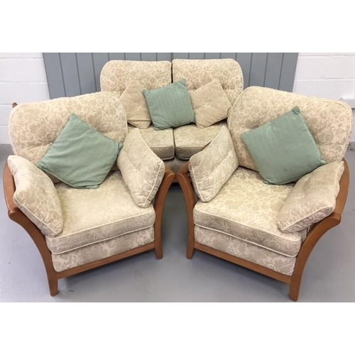 158 - A vintage, cottage style suite. Consists of a beige/patterned upholstered two-seater sofa, with two ... 