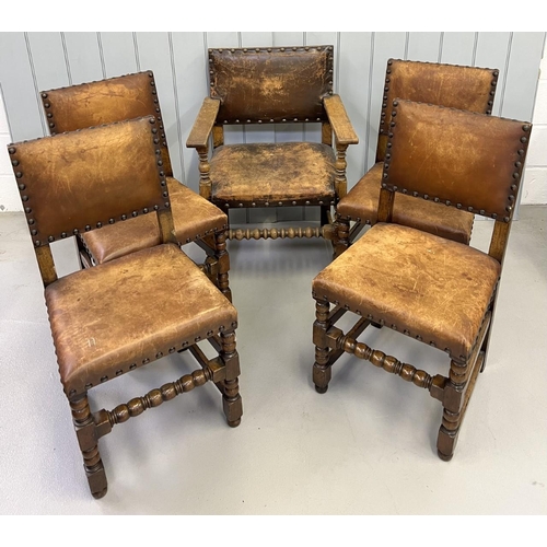 11 - A set of five, antique leather-back chairs. Includes one carver. Walnut framed, with brass tacking.
... 