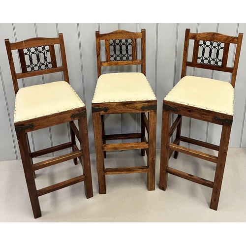 12 - Three Sheesham, Jali -backed, bar/breakfast chairs. Dimensions(cm) H111 (76 to seat), W41, D42