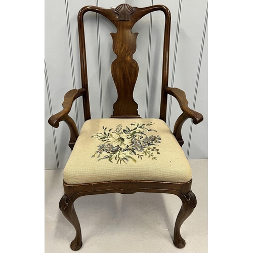 37 - An early 20th Century Queen Anne style, fiddle-back, open armchair, with tapestry seat cover.
Dimens... 