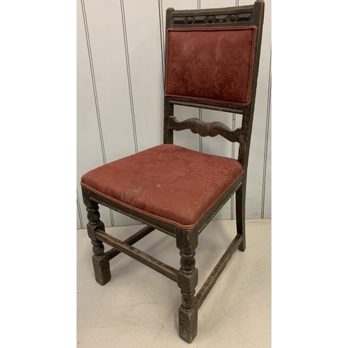 119 - A set of five, antique, oak dining chairs. red fabric upholstered seat & backrest. Dimensions(cm) H9... 