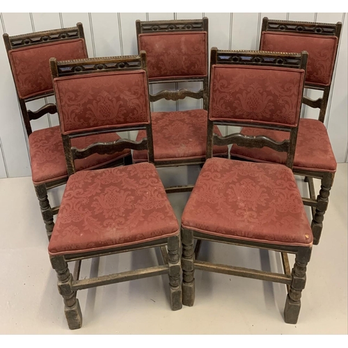 200 - A set of five, antique, oak dining chairs. red fabric upholstered seat & backrest. Dimensions(cm) H9... 