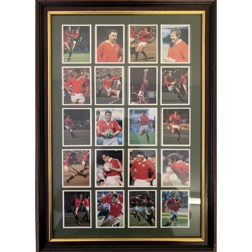 723 - A framed collection of 20 cigarette cards of British Lions players through the years. Height 53cm, w... 