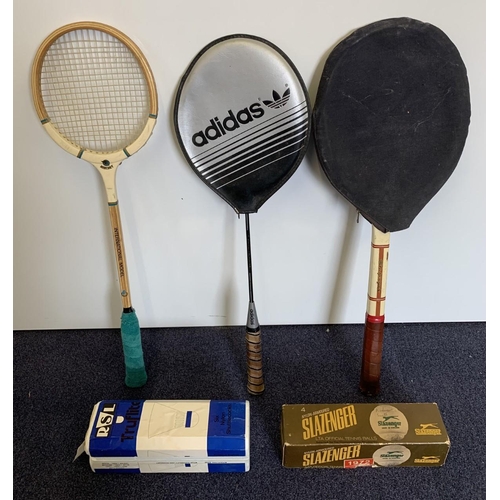 725 - Three vintage sports rackets - Mercury Squash/Slazenger Tennis/Adidas Badminton, together with a box... 