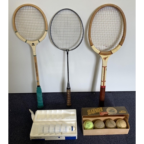 725 - Three vintage sports rackets - Mercury Squash/Slazenger Tennis/Adidas Badminton, together with a box... 