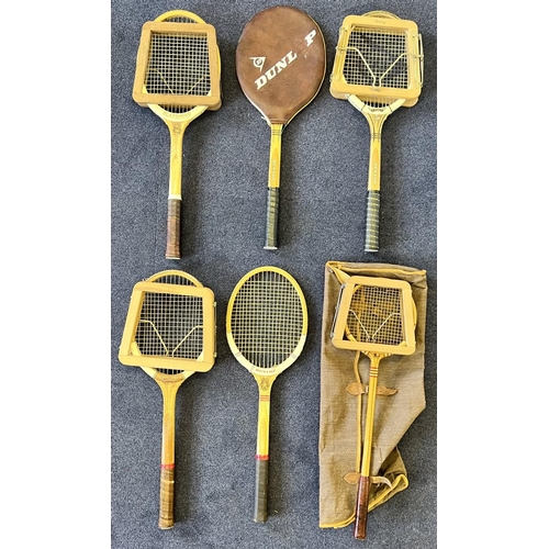 731 - Five vintage tennis racquets & one squash racquet, by 'Slazenger', 'Dunlop' and 'Spalding'.