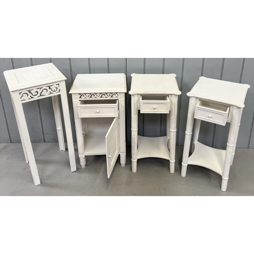 77 - A pair of white painted hall tables, together with a similar styled cupboard & plant stand.