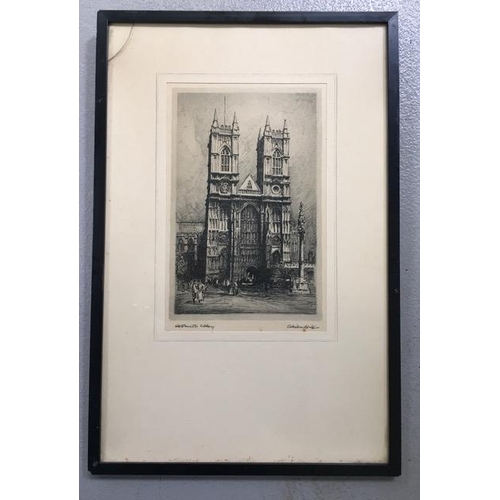 365 - ADRIAN KEITH GRAHAM HILL (BRITISH 1895-1977). 'Westminster Abbey', signed/framed etching. Framed dim... 