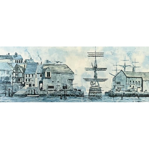 341 - A pair of framed prints, after Gordon Rushmer, entitled 'City Bridge' & 'The Merchantman'. 58cm x 27... 