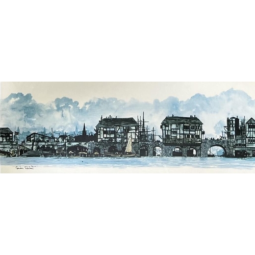 341 - A pair of framed prints, after Gordon Rushmer, entitled 'City Bridge' & 'The Merchantman'. 58cm x 27... 