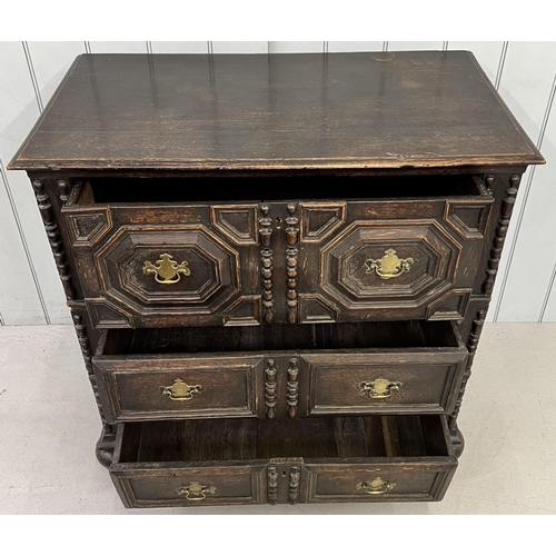 96 - A c.17th century Jacobean 2-piece chest of drawers. Depp single drawer over two narrower drawers. Di... 